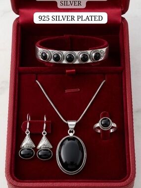 925 Silver Plated Black Onyx Jewelry Set - Necklace, Bracelet, Ring & Earrings